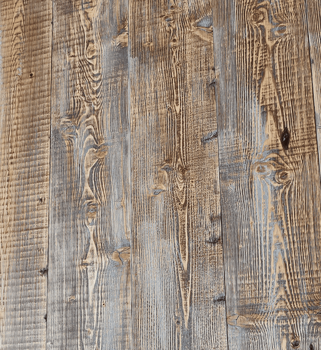 Full of character, these reclaimed boards have been through a process in our mill to enhance its character. Varied grain pattern and occasional historic scars.